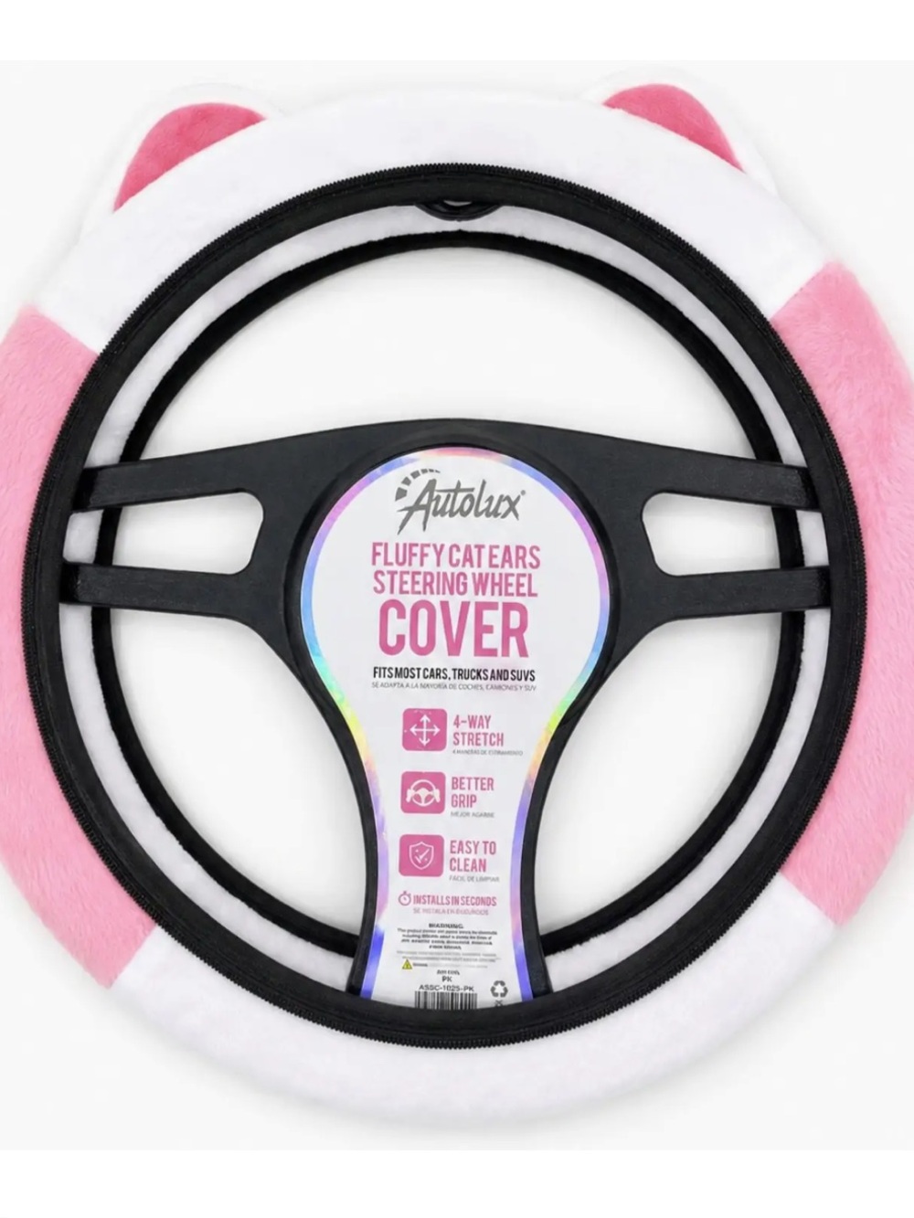 NWT Pink & White Fluffy Cat Ears Steering Wheel Cover
